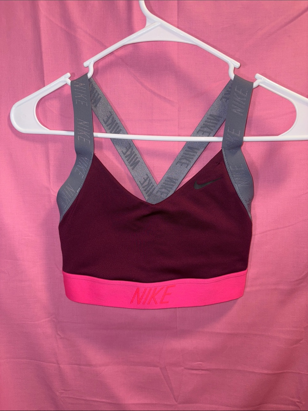 Nike Women's Burgundy Sports Bra with Pink Band and Gray Straps